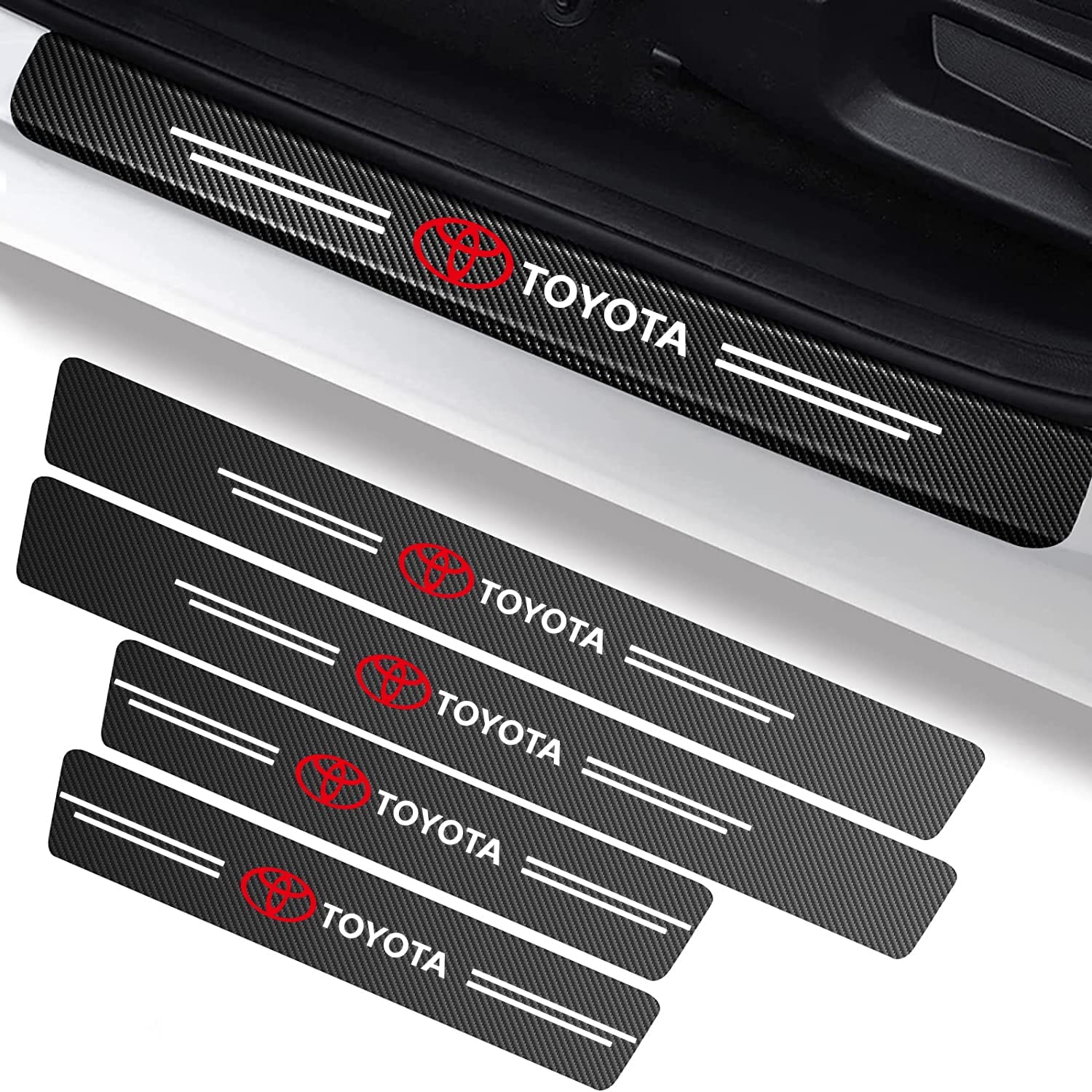 Toyota Logo Side Door Edge Guard Door Sill Scuff Plate Protection Strips Carbon Fiber -4 Pieces-